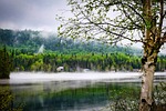 landscape spring nature the water mountains trees birch stock photo