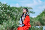 mongolian girl traditional clothes meadow woman mongolia archer stock photo