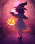 baby witch jack-o-lantern halloween magic glow costume fantasy stock photo