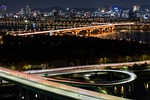 night view bridge river building road gloominess seoul stock photo