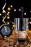 sparkling wine spirits bottle glasses clock sylvester new stock photo