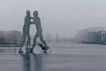 sculpture molecule man berlin fog spree artwork city stock photo