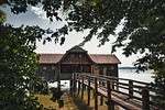 boathouse lake landscape nature beach sea house water stock photo