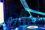 dj equipment music party laptop led disco lights stock photo