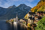 hallstatt lake village tourism alps nature alpine church stock photo