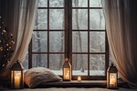 window pillows candles lights cozy decoration ornaments decor stock photo