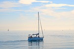 sailboat lake constance haze langenargen stock photo