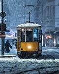 tram snow nature winter night transportation stock photo