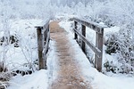 bridge winter snow pathway hoarfrost cold nature landscape stock photo
