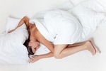 bed sleep girl asleep sleeping position bedding white stock photo