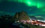 landscape nature norway lofoten fjord scandinavia northern lights stock photo
